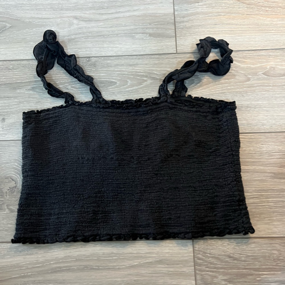 aerie Black Smocked Cropped Tank Top